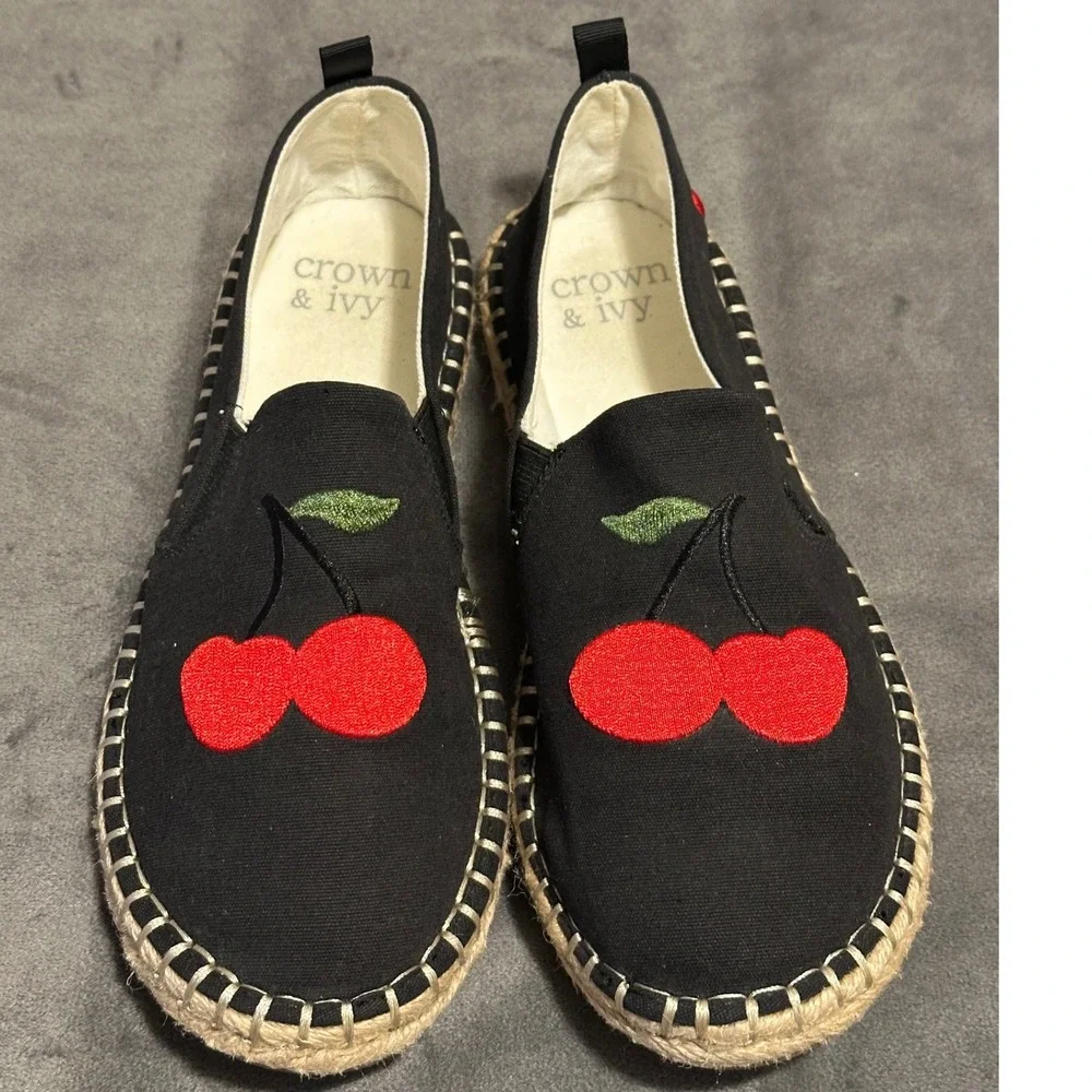 Crown & Ivy Skylar Cherry Embroidered Espadrille Flats Black Canvas Shoes 8.5